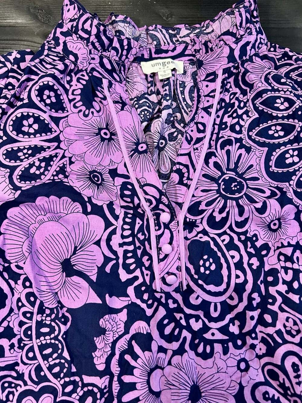 Umgee USA R0621 Purple and Black Paisley Notch Neck Flutter Sleeve Top